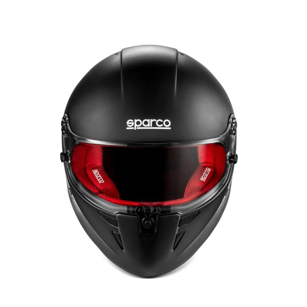 Sparco Stealth RF SA2025 matte black racing helmet front view with red interior