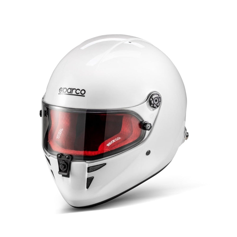 Sparco Stealth RF SA2025 white racing helmet front view with red interior