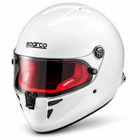 Thumbnail for Sparco Stealth RF SA2025 racing helmet in gloss white with red fire-resistant interior, shown in a front three-quarter view featuring a lightweight composite shell, clear visor, central locking mechanism, chin ventilation, and FIA 8859-2024 certification.