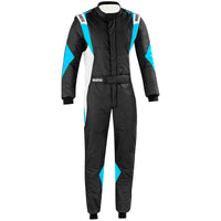 Thumbnail for Sparco Superleggera Driver Race Suit in black and blue with white accents, lightweight construction, four-way stretch panels, and FIA/SFI approval.