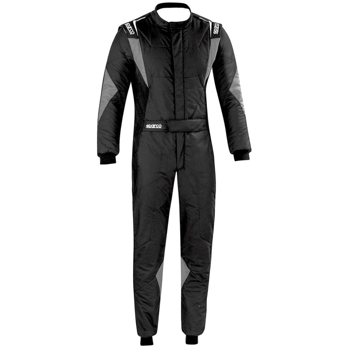 Sparco Superleggera Driver Race Suit in black and grey with lightweight FIA/SFI approved construction, four-way stretch panels, and 360 floating arm gussets.
