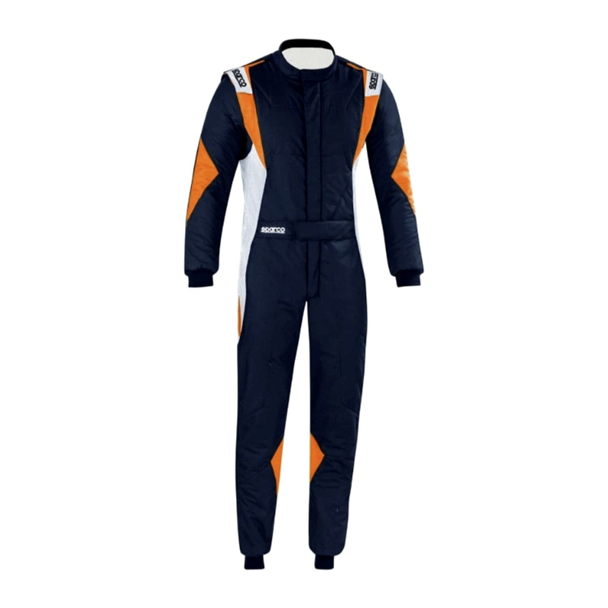 Sparco Superleggera Driver Race Suit in navy and orange with white accents, lightweight FIA/SFI approved construction, four-way stretch panels, and 360 floating arm gussets.