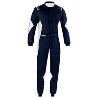 Thumbnail for Sparco Superleggera Driver Race Suit in navy and white with red accents, lightweight FIA/SFI approved construction, four-way stretch panels, and pre-curved arms and legs.