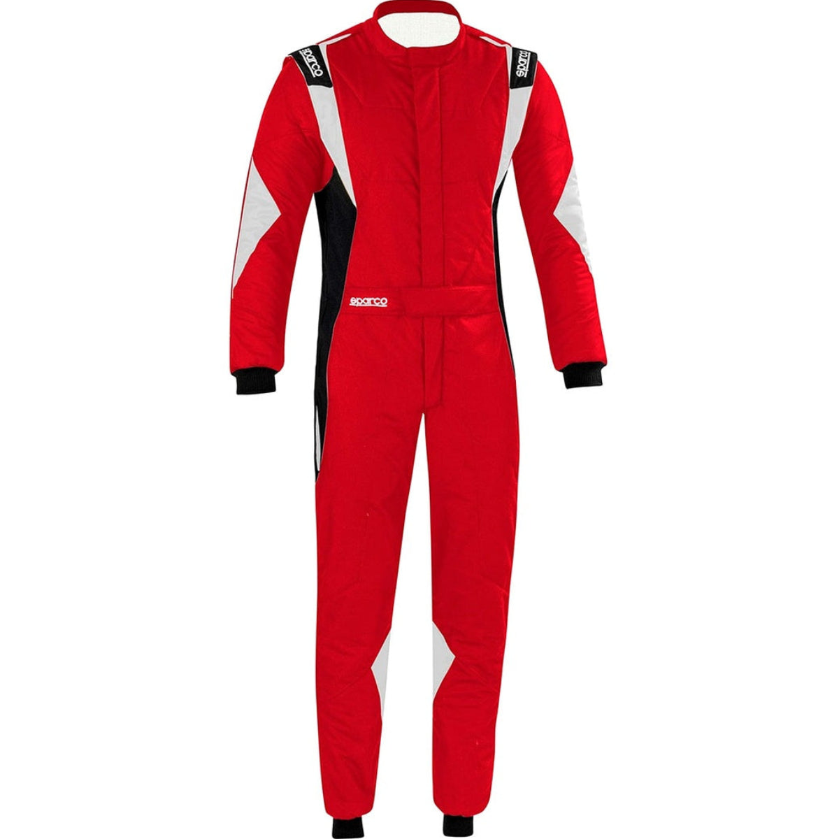 Sparco Superleggera Driver Race Suit in red and black with white accents, lightweight FIA/SFI approved construction, four-way stretch panels, and pre-curved arms and legs.