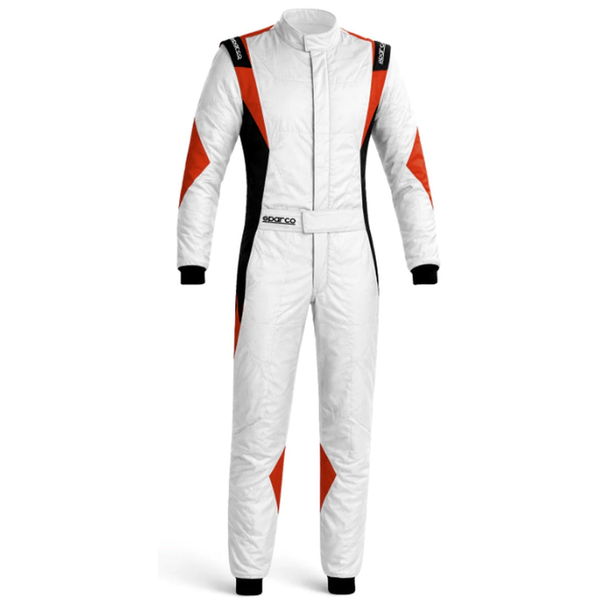 Sparco Superleggera Driver Race Suit in white and red with black accents, lightweight FIA/SFI approved construction, four-way stretch panels, and pre-curved fit.