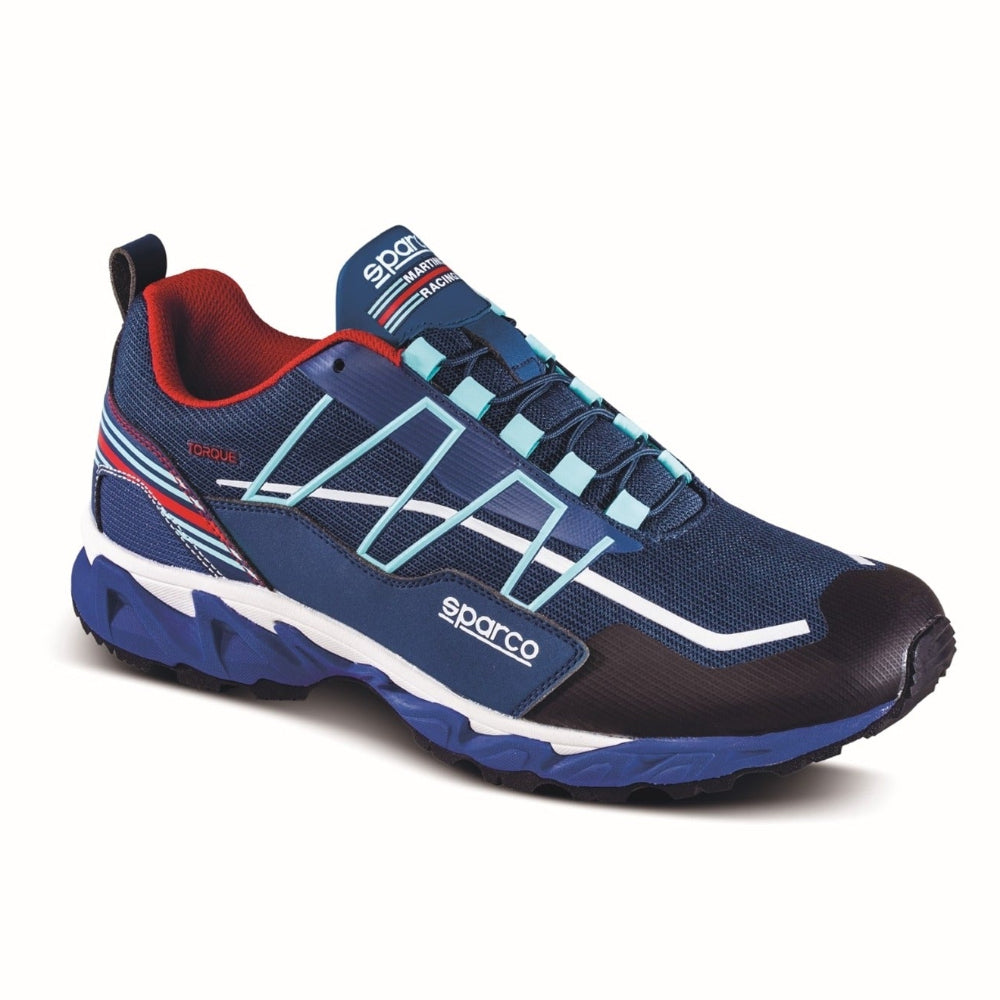 Blue and red athletic shoes with 'sparco' branding on a white background