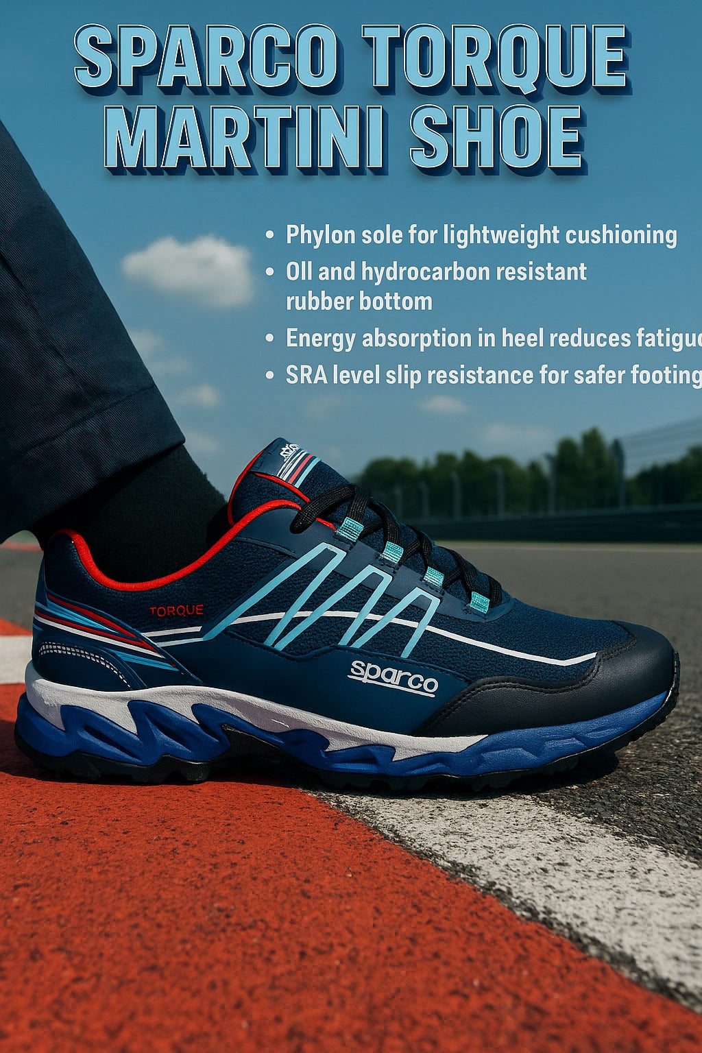 Sparco Torque Martini shoe on a track with product features listed.