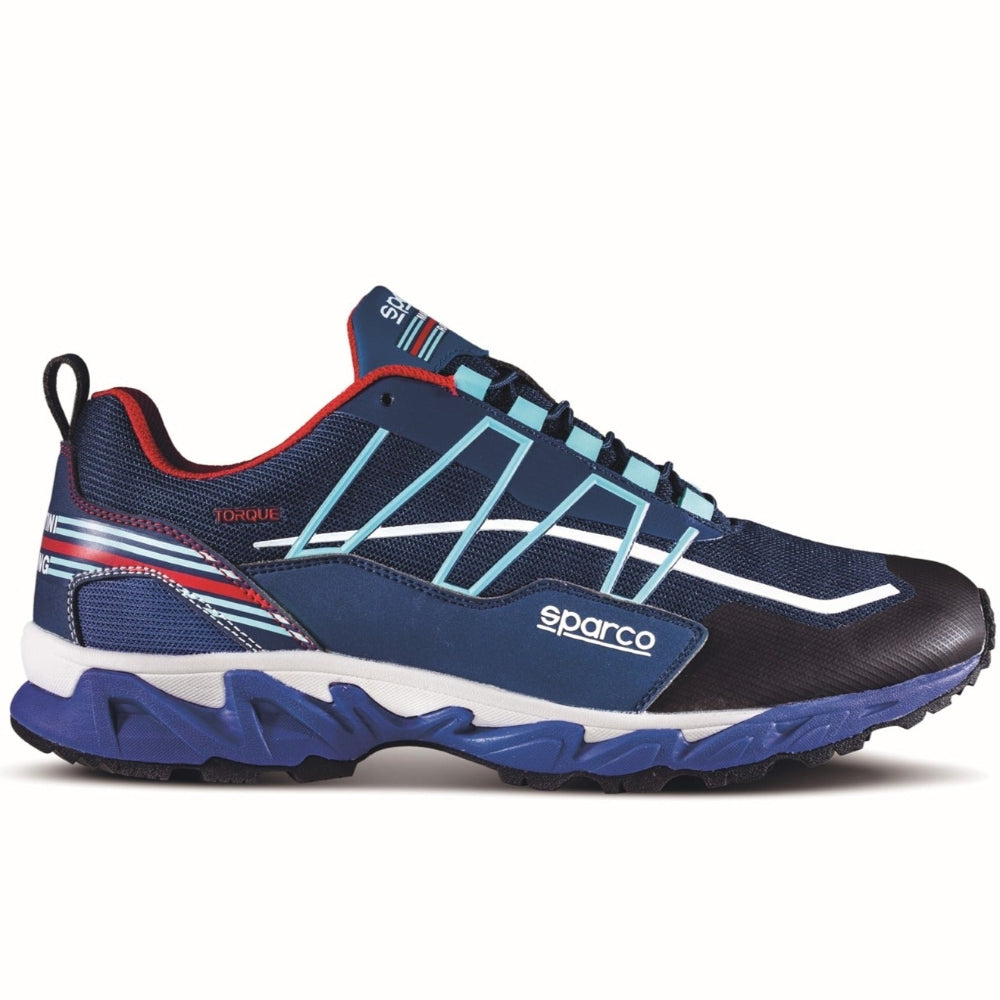 Blue and black athletic shoe with red accents on a white background