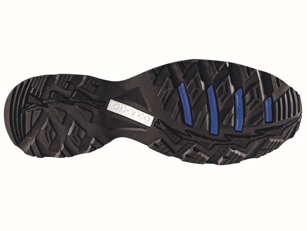 Black and blue sole of a shoe with a brand logo on a white background