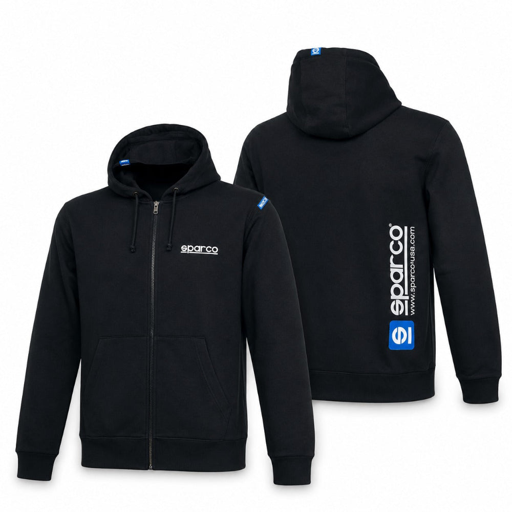 Sparco WWW full zip hoodie in black showing front and back views with Sparco logo branding