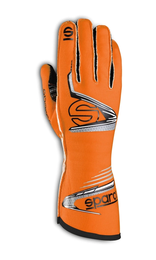 Orange racing glove with black accents on a white background