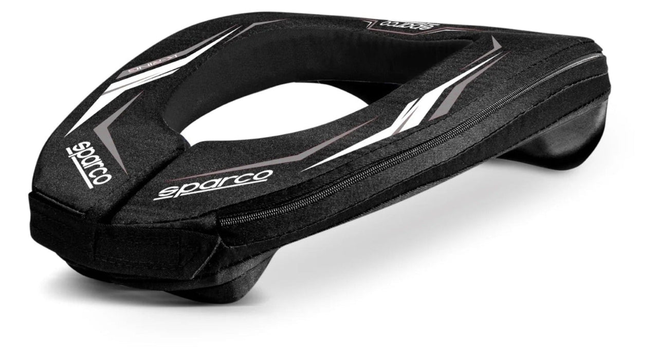 Sparco K-Ring Karting Neck Collar Black/White top view showing contoured neck opening, 360-degree support design, and white graphic accents