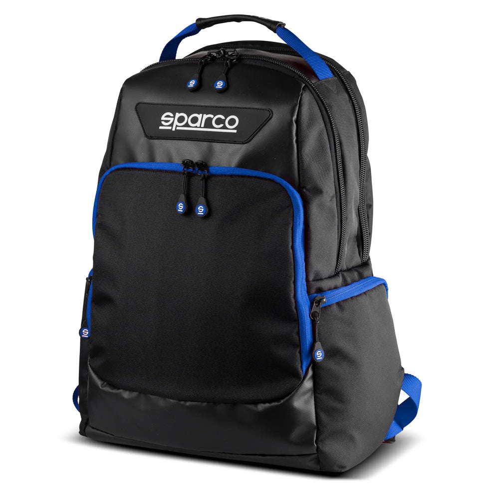 Sparco Super Stage Backpack Black/Blue front view with large storage compartments, front organizer pocket, side pocket, blue trim, and Sparco logo
