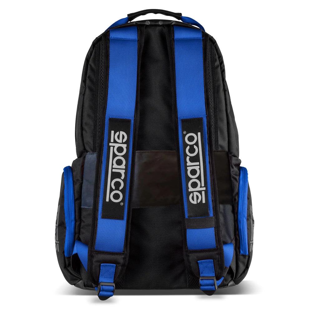 Sparco Super Stage Backpack Black/Blue rear view showing padded shoulder straps, padded back panel, blue strap detail, and Sparco logos