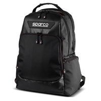 Thumbnail for Sparco Super Stage Backpack Black/Black front view with large main compartments, front organizer pocket, side pocket, and Sparco logo