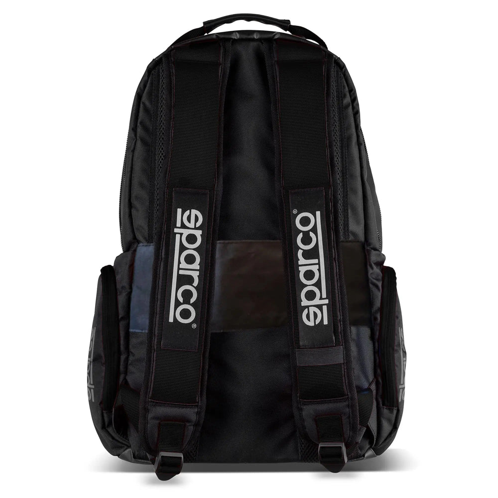 Sparco Super Stage Backpack Black/Black rear view showing padded ergonomic shoulder straps, padded back panel, and Sparco strap logos