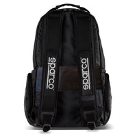 Thumbnail for Sparco Super Stage Backpack Black/Black rear view showing padded ergonomic shoulder straps, padded back panel, and Sparco strap logos