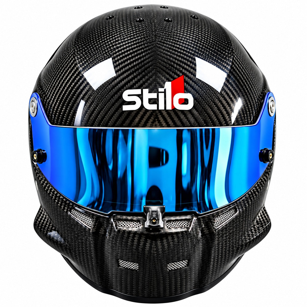 Stilo ST5.1 GT Carbon Fiber SA2020 racing helmet shown from the front, featuring a glossy exposed carbon fiber shell, blue mirrored visor, center shield locking mechanism, integrated chin ventilation, and Stilo branding on a clean white background.