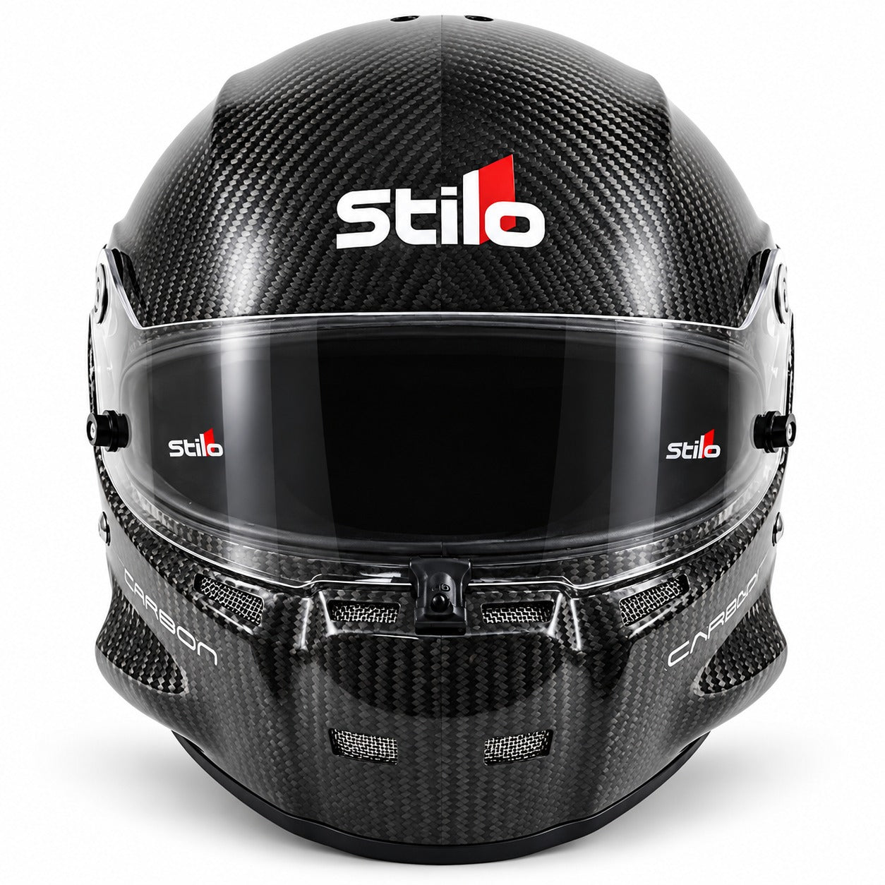 Stilo ST5.1 GT Carbon Fiber SA2020 racing helmet shown from the front, featuring a glossy exposed carbon fiber shell, clear racing visor, center shield locking mechanism, integrated chin ventilation, and Stilo branding on a clean white background.