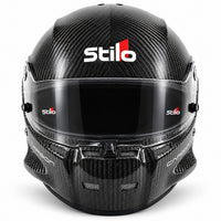 Thumbnail for Stilo ST5.1 GT Carbon Fiber SA2020 racing helmet shown from the front, featuring a glossy exposed carbon fiber shell, clear racing visor, center shield locking mechanism, integrated chin ventilation, and Stilo branding on a clean white background.