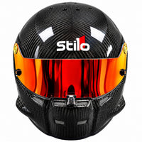 Thumbnail for Stilo ST5.1 GT Carbon Fiber SA2020 racing helmet shown from the front, featuring a glossy exposed carbon fiber shell, red and orange mirrored visor, center shield locking mechanism, integrated chin ventilation, and Stilo branding on a clean white background.