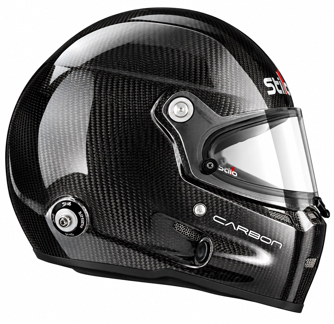 Stilo ST5.1 GT Carbon Fiber SA2020 racing helmet shown in right-side profile, featuring a glossy exposed carbon fiber shell, clear racing visor, shield pivot hardware, integrated ventilation ports, and Stilo branding on a clean white background.