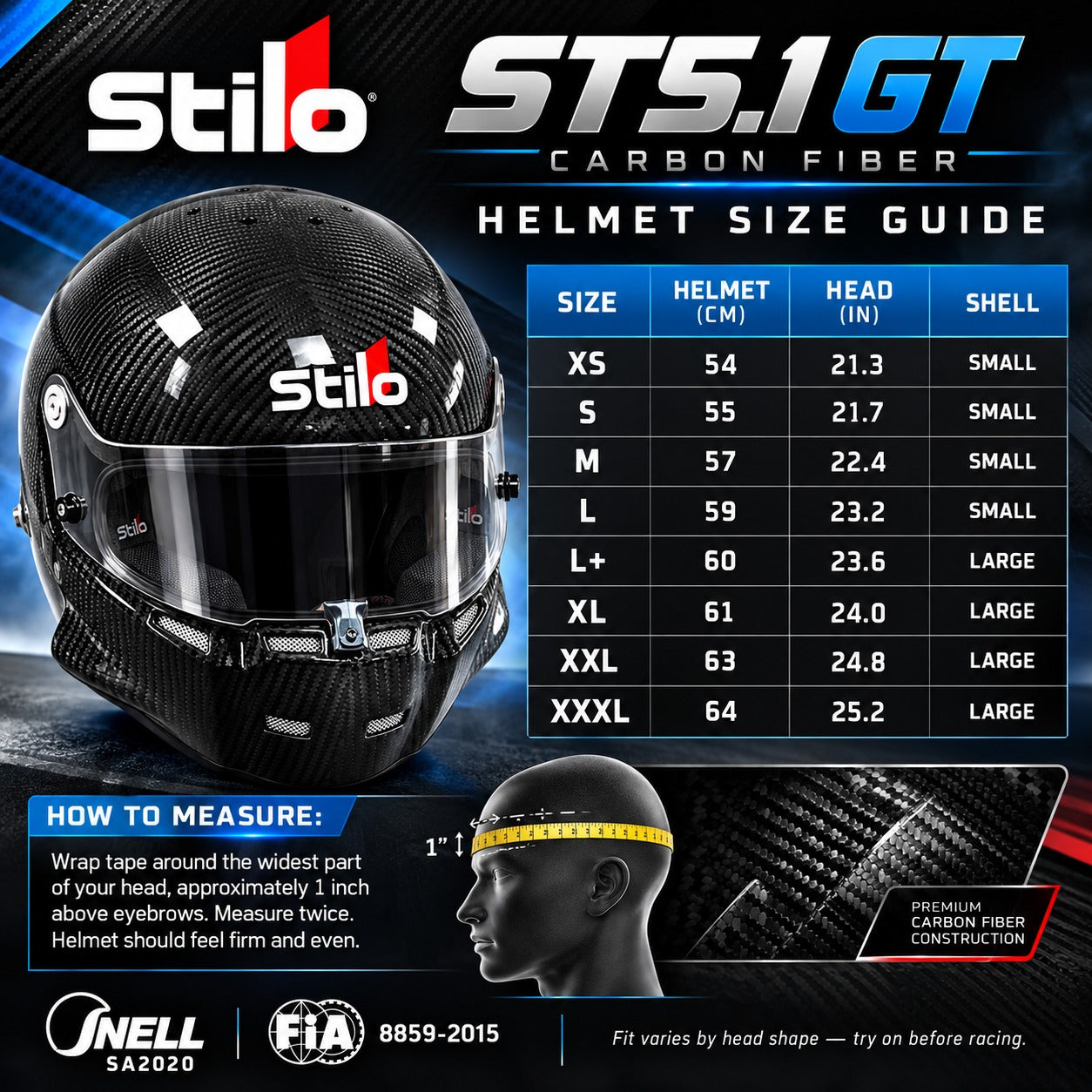 Stilo ST5.1 GT Carbon Fiber SA2020 racing helmet sizing chart showing helmet sizes XS through XXXL, head circumference measurements in centimeters and inches, small and large shell sizes, and proper head measuring instructions.