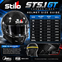 Thumbnail for Stilo ST5.1 GT Carbon Fiber SA2020 racing helmet sizing chart showing helmet sizes XS through XXXL, head circumference measurements in centimeters and inches, small and large shell sizes, and proper head measuring instructions.