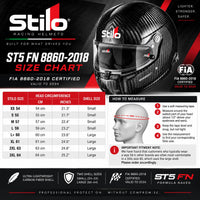 Thumbnail for Stilo ST5 FN 8860-2018 carbon fiber racing helmet sizing chart with head circumference and shell size guide