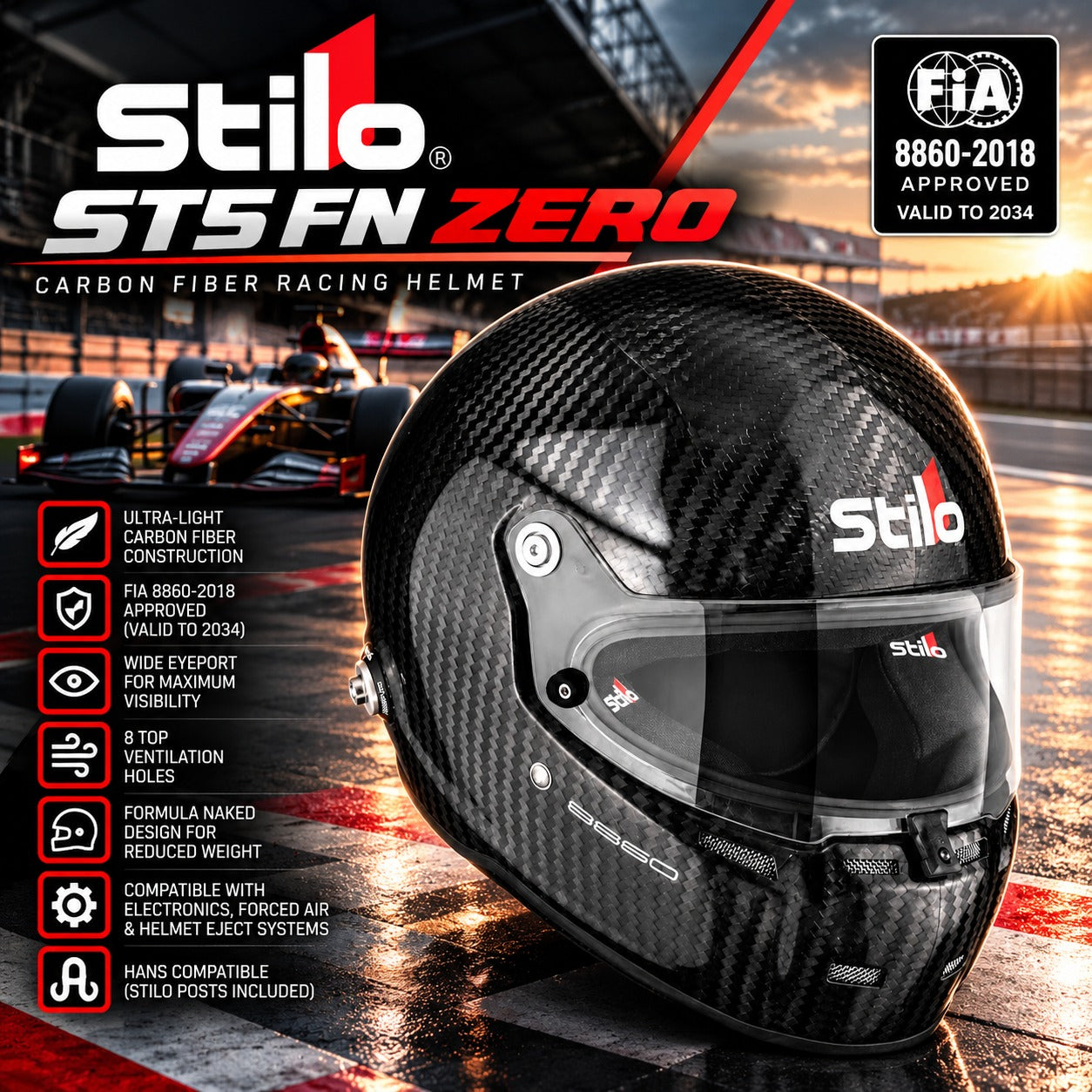 Stilo ST5 FN ZERO Carbon Fiber Racing Helmet featuring FIA 8860-2018 certification, lightweight carbon shell, Formula Naked design, clear visor, wide eyeport, ventilation, and factory-installed HANS posts against a professional open-wheel racing background.