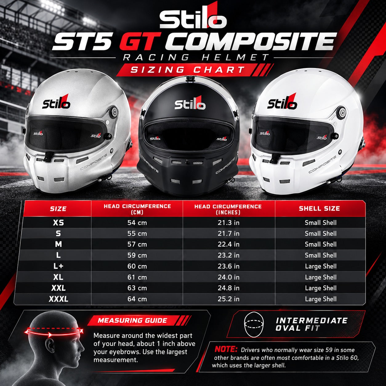 Stilo ST5 GT Composite Racing Helmet Sizing Chart Featuring Silver, Matte Black, and White Helmets, Sizes XS to XXXL, Head Circumference in Centimeters and Inches, Small and Large Shell Sizes, and Intermediate Oval Fit Guide.