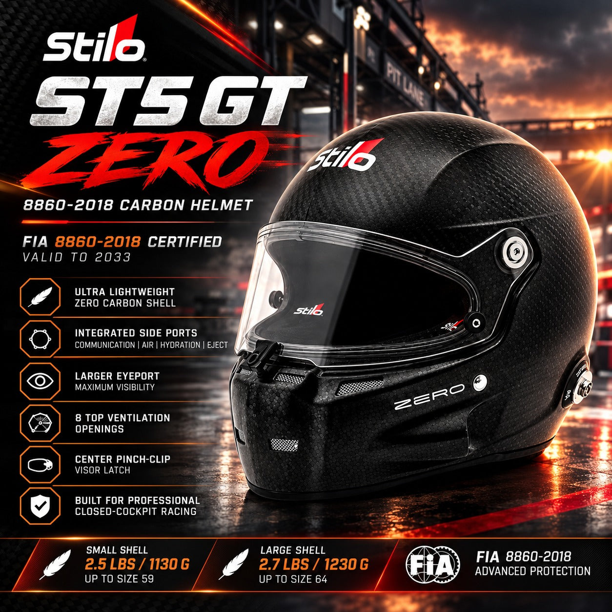 Stilo ST5 GT ZERO Carbon Fiber Racing Helmet FIA 8860-2018 featuring ultra-lightweight ZERO carbon shell, integrated communication and hydration ports, large eyeport, eight top ventilation openings, and center pinch-clip visor latch.