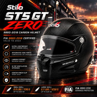 Thumbnail for Stilo ST5 GT ZERO Carbon Fiber Racing Helmet FIA 8860-2018 featuring ultra-lightweight ZERO carbon shell, integrated communication and hydration ports, large eyeport, eight top ventilation openings, and center pinch-clip visor latch.