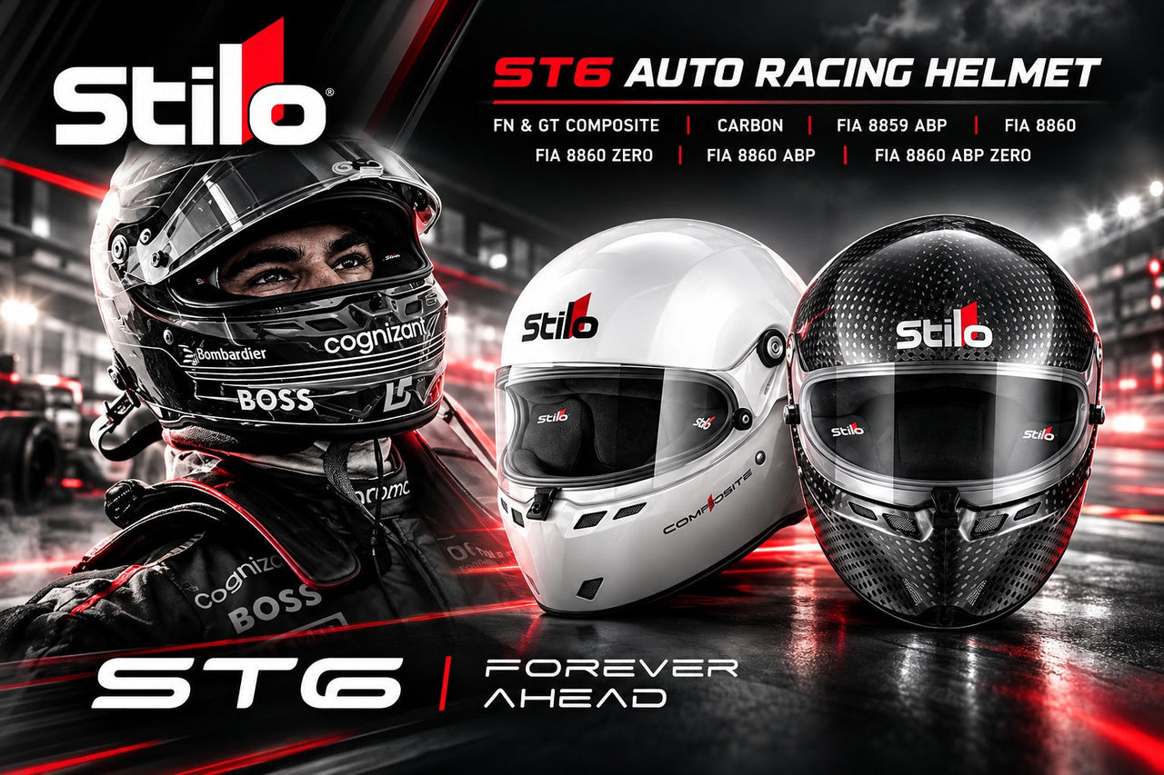 Stilo ST6 auto racing helmet collection hero image featuring GT and FN Composite, Carbon, FIA 8859 ABP, and FIA 8860 helmet models with professional motorsport styling and the Stilo Forever Ahead branding.