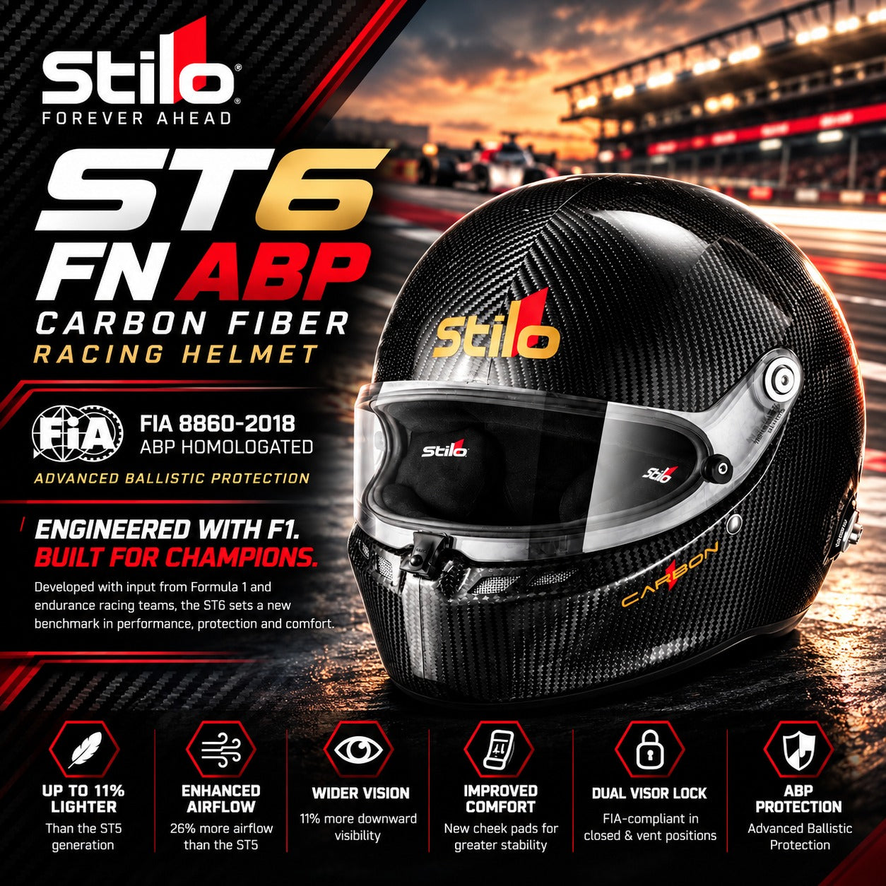 Stilo ST6 FN ABP Carbon Fiber Racing Helmet FIA 8860-2018 featuring advanced ballistic protection, lightweight carbon construction, 26% improved airflow, 11% increased visibility, enhanced comfort, and dual visor locking system.