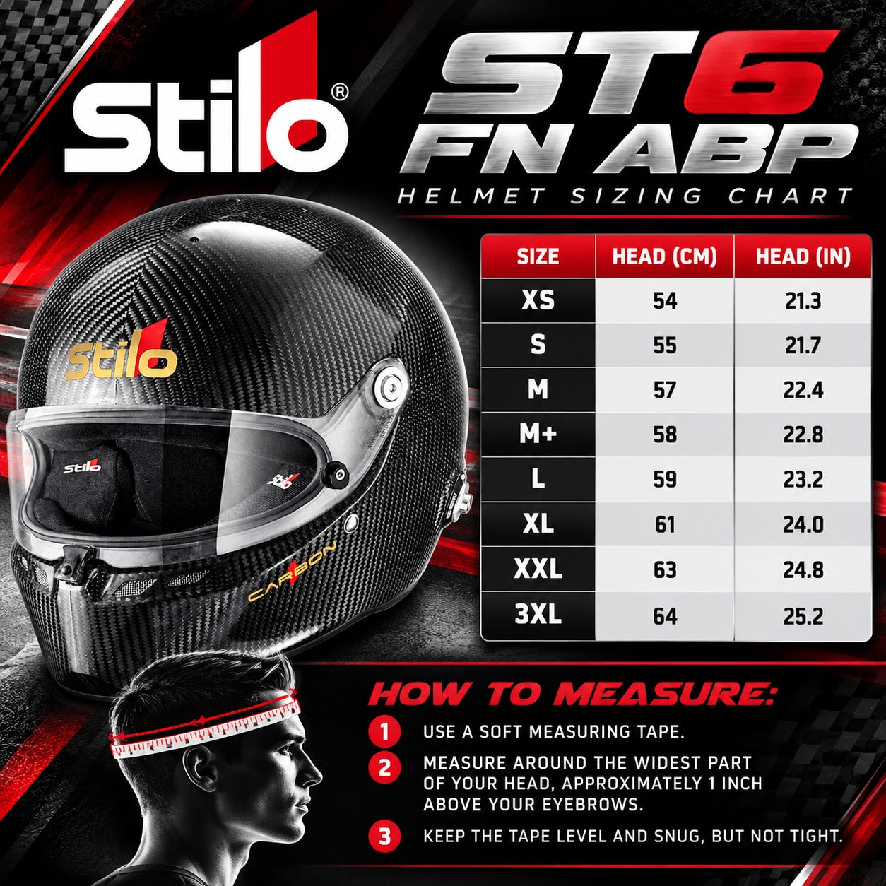 Stilo ST6 FN ABP Carbon Fiber Racing Helmet Sizing Chart showing XS through 3XL sizes, head circumference in centimeters and inches, and proper helmet measuring instructions.