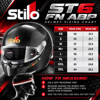 Thumbnail for Stilo ST6 FN ABP Carbon Fiber Racing Helmet Sizing Chart showing XS through 3XL sizes, head circumference in centimeters and inches, and proper helmet measuring instructions.