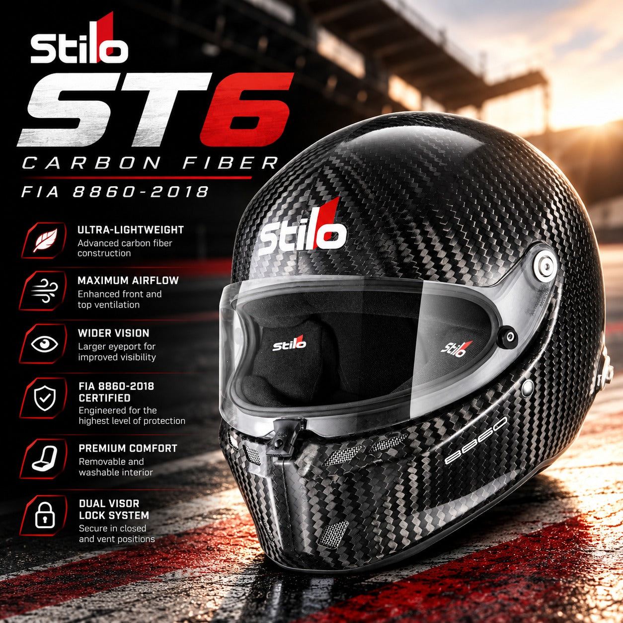 Stilo ST6 FN Carbon Fiber FIA 8860-2018 racing helmet featuring exposed carbon weave, clear visor, advanced ventilation, and lightweight motorsport construction against a dramatic racetrack background.