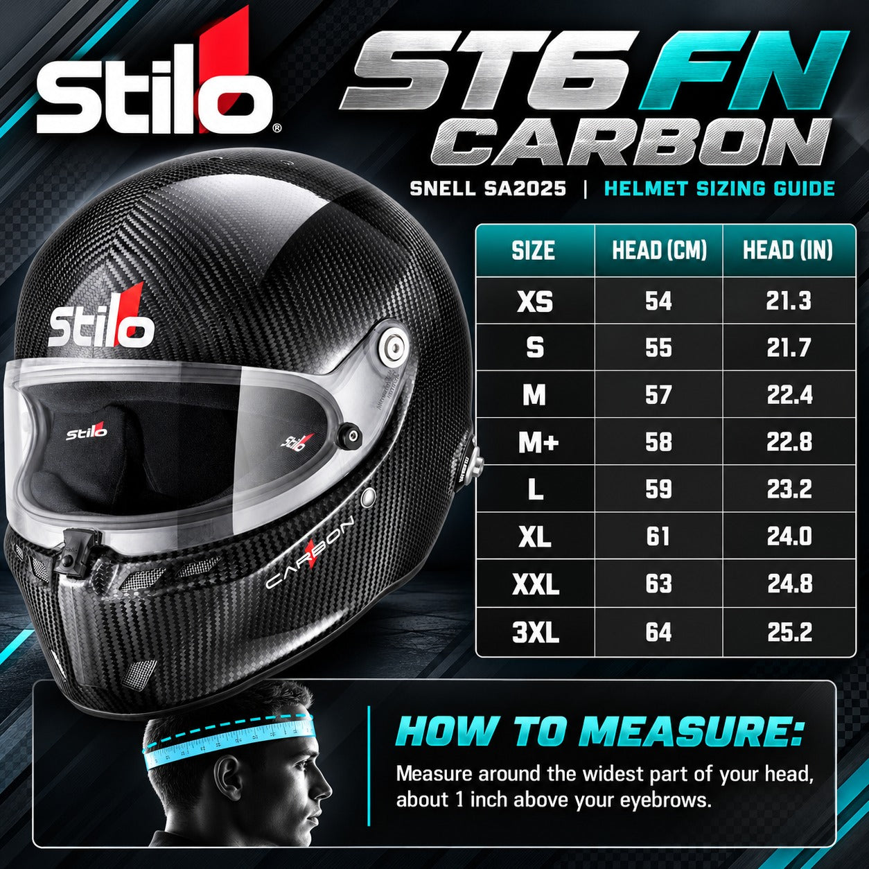 Stilo ST6 FN Carbon Fiber SA2025 Racing Helmet Sizing Chart showing XS through 3XL helmet sizes, head circumference measurements in centimeters and inches, and proper head measuring instructions.