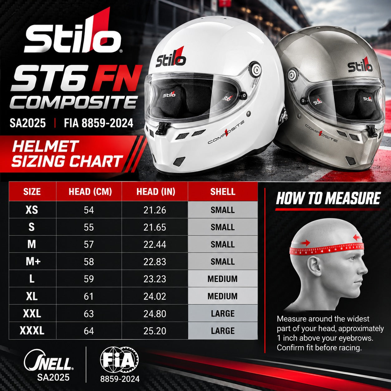 Stilo ST6 FN composite helmet sizing chart graphic showing two full-face helmets, one white and one dark gray, alongside a measurement table and how-to-measure diagram with a headband on a model's head.