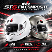 Thumbnail for Stilo ST6 FN Composite SA2025 Racing Helmets in white and silver, featuring aerodynamic full-face designs, clear visors, intermediate oval fit, 10% lighter construction, 26% more airflow, and 11% greater visibility compared to the ST5.