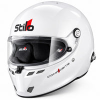 Thumbnail for Stilo ST6 FN Composite Auto Racing Helmet in white, shown in front three-quarter view with clear visor, aerodynamic ventilation ports, black interior padding, and HANS anchor mounting hardware.