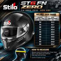 Thumbnail for Stilo ST6 FN ZERO FIA 8860-2018 Carbon Fiber Racing Helmet Sizing Chart Featuring Helmet Sizes 54–64, Head Circumference in Centimeters and Inches, and Head Measuring Instructions.