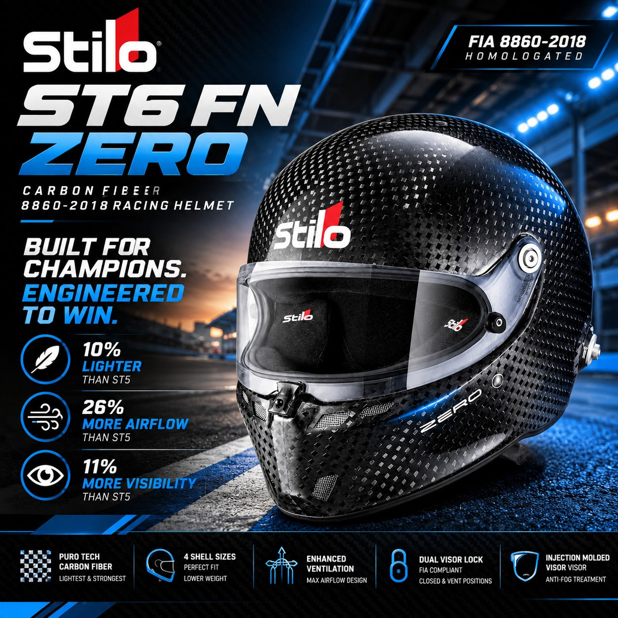 Stilo ST6 FN ZERO Carbon Fiber Racing Helmet FIA 8860-2018 featuring ultra-lightweight PURO carbon shell, 10% reduced weight, 26% improved airflow, 11% increased visibility, enhanced ventilation, and dual visor locking system.