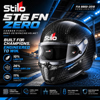 Thumbnail for Stilo ST6 FN ZERO Carbon Fiber Racing Helmet FIA 8860-2018 featuring ultra-lightweight PURO carbon shell, 10% reduced weight, 26% improved airflow, 11% increased visibility, enhanced ventilation, and dual visor locking system.