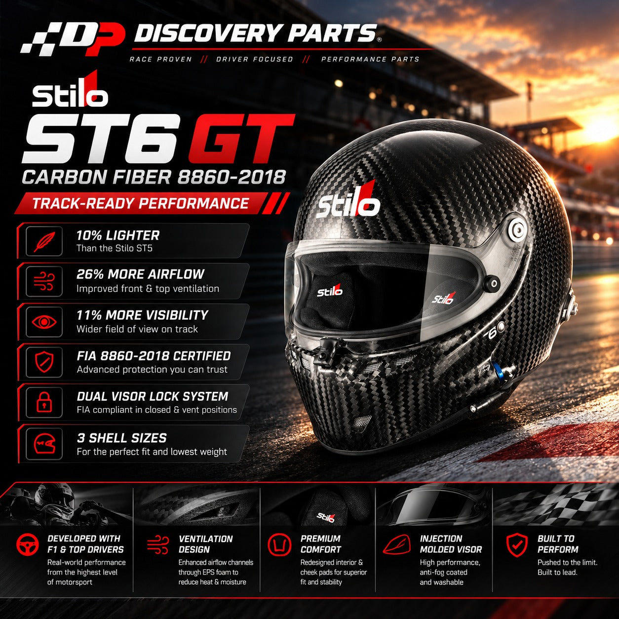 Stilo ST6 GT Carbon Fiber FIA 8860-2018 racing helmet featuring lightweight carbon construction, improved ventilation, wider visibility, and dual visor locking system in a Discovery Parts motorsport promotional graphic.