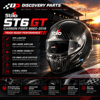 Thumbnail for Stilo ST6 GT Carbon Fiber FIA 8860-2018 racing helmet featuring lightweight carbon construction, improved ventilation, wider visibility, and dual visor locking system in a Discovery Parts motorsport promotional graphic.
