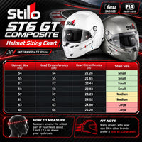 Thumbnail for Stilo ST6 GT Composite SA2025 Racing Helmet sizing chart featuring white and silver helmets, sizes 54 to 64, head circumference in centimeters and inches, small, medium, and large shell sizes, and helmet measuring instructions.