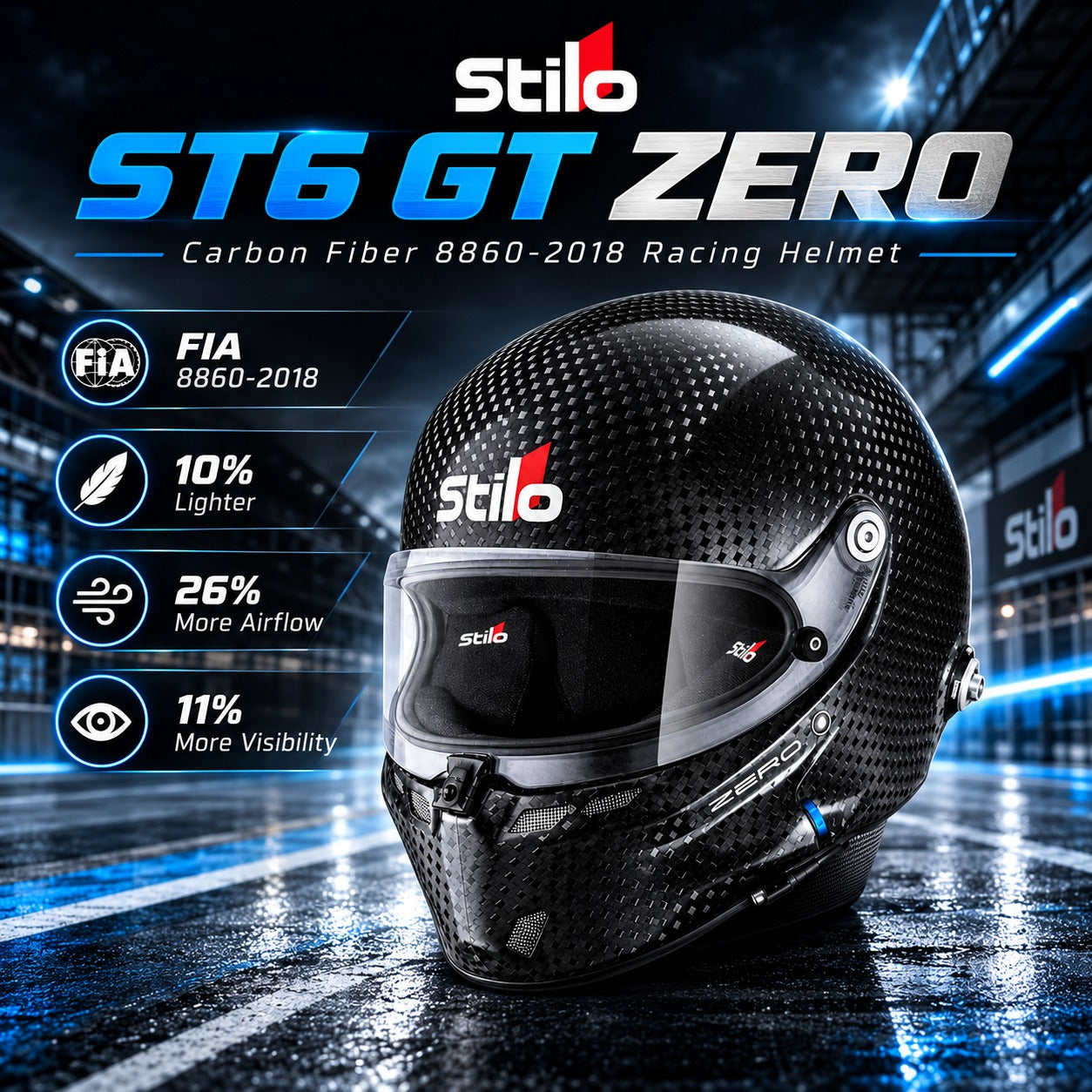 Stilo ST6 GT ZERO Carbon Fiber Racing Helmet FIA 8860-2018 featuring ultra-lightweight carbon construction, 10% reduced weight, 26% improved airflow, and 11% increased visibility. Blue motorsport-themed product hero image.