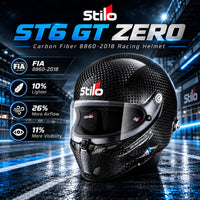 Thumbnail for Stilo ST6 GT ZERO Carbon Fiber Racing Helmet FIA 8860-2018 featuring ultra-lightweight carbon construction, 10% reduced weight, 26% improved airflow, and 11% increased visibility. Blue motorsport-themed product hero image.
